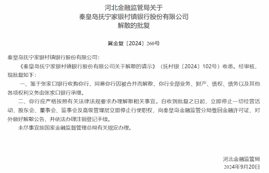 河北三家村镇银行获批解散 两家村镇银行将被吸收合并